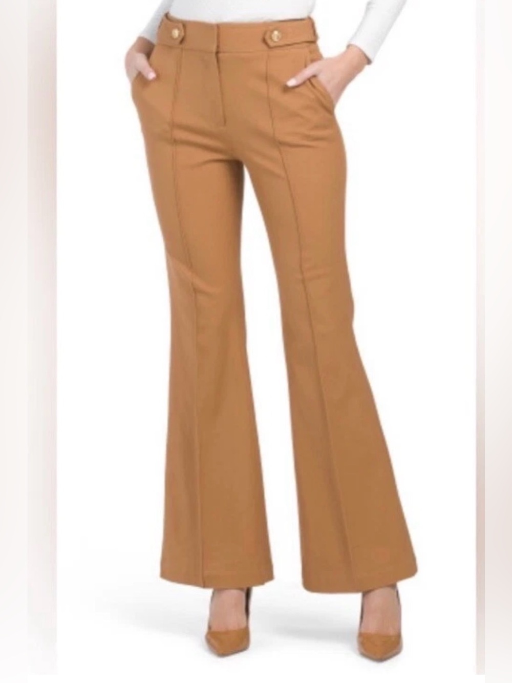 Elie Tahari Crest Button Seamed Flare Pants Russet Brown Size 8 Retail $398